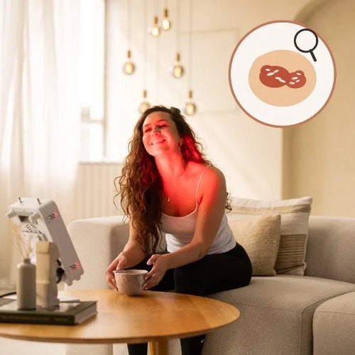 Vrouw op de bank bij een klein roodlichtpaneel, met icoon van een psoriasisplek