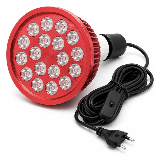 Liroma PrimeSpot rood licht therapie lamp met achttien leds, rode behuizing en fitting met snoer en schakelaar