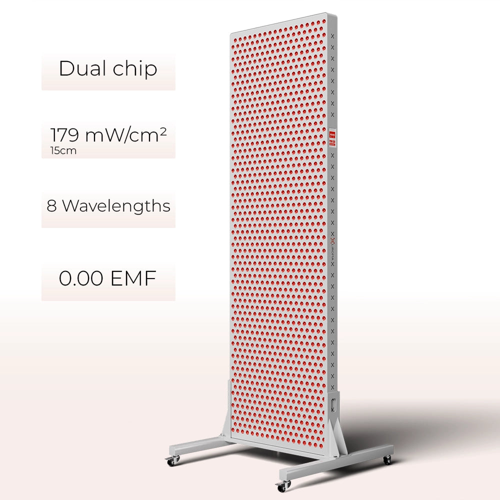 Liroma PrimeFORCE Ultra rood licht therapie paneel op verrijdbare vloerstandaard met specificaties
